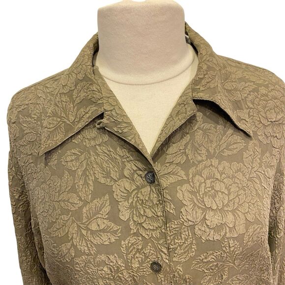 100% Silk Women Lg Sleeve Embossed Floral Button Tunic Blouse Olive Green M NWOT - Picture 2 of 10
